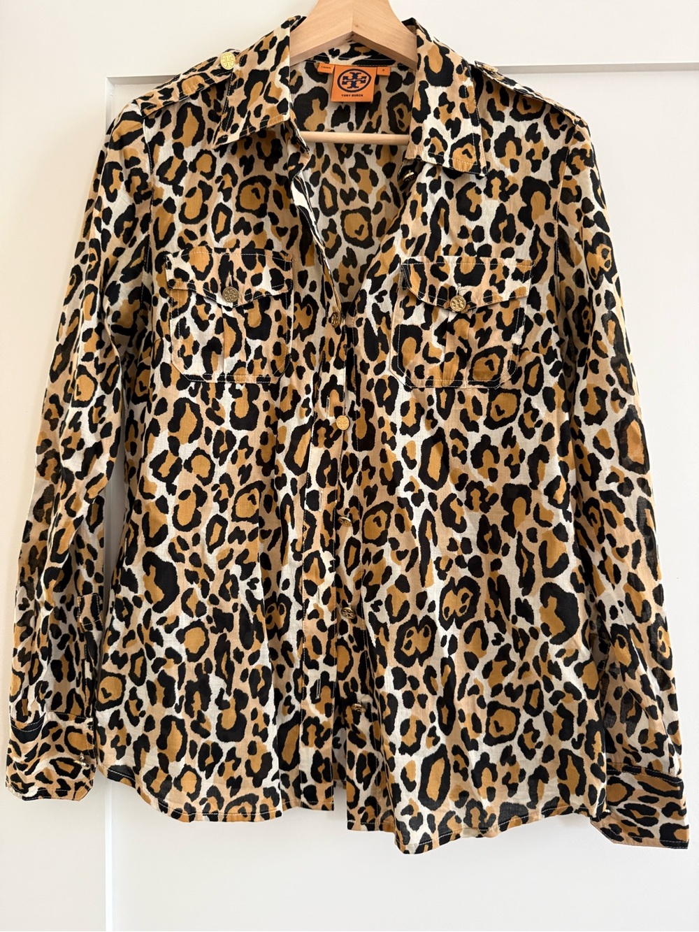 Vintage Tory Burch Leopard Print Button-Up Shirt - Black, Tan, Cream